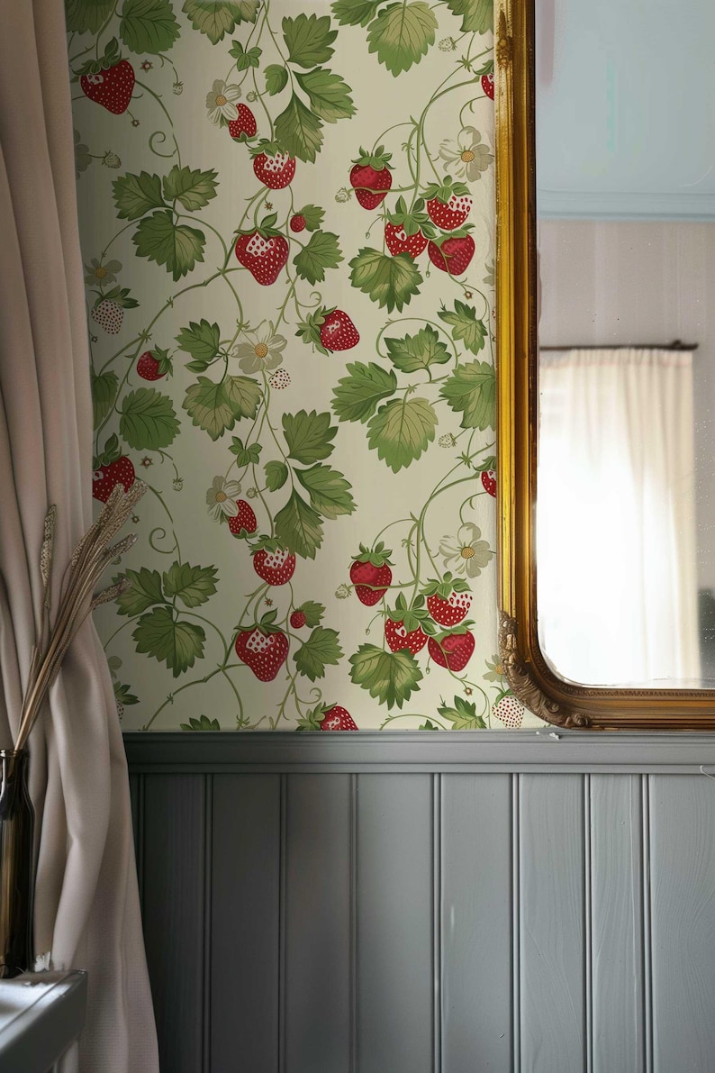 Vintage Strawberries Wallpaper, Retro Floral Peel and Stick Mural Pv279 ...