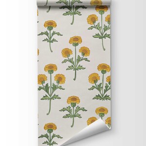 Retro Marigold Wallpaper, Yellow Floral Peel and Stick or Traditional Mural, Removable Flower Bedroom, Bathroom Wall Decor