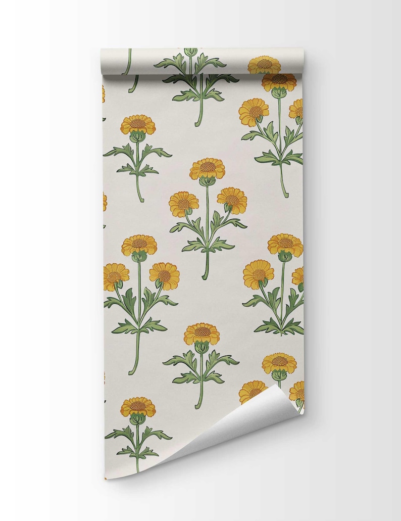 Retro Marigold Wallpaper, Yellow Floral Peel and Stick or Traditional Mural, Removable Flower Bedroom, Bathroom Wall Decor