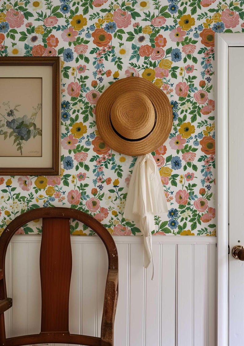 Fresh and lively wallpaper with a bold rose garden pattern, offering a vibrant and uplifting touch to your home decor.