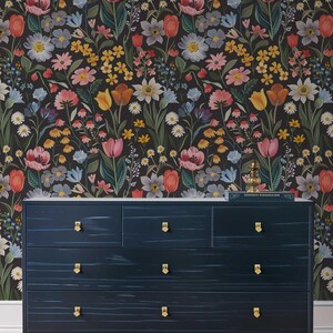 Dark Flower Peel and Stick Wallpaper, Moody Powder room Wall Mural, Modern Black Flower Wall Art, Removable Renters friendly Wallpaper for bedroom