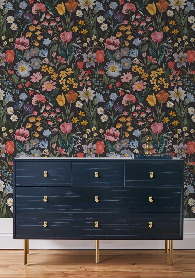 Dark Flower Peel and Stick Wallpaper, Moody Powder room Wall Mural, Modern Black Flower Wall Art, Removable Renters friendly Wallpaper for bedroom