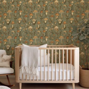 Vintage Mushroom Wallpaper, Retro Forest Mural, Peel and Stick Wallpaper, Botanical Wallpaper, Removable Woodland Wallpaper NF023 image 6