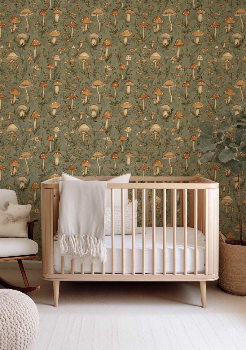 Vintage Mushroom Wallpaper, Retro Forest Mural, Peel and Stick Wallpaper, Botanical Wallpaper, Removable Woodland Wallpaper NF023 image 6