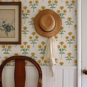 Retro Marigold Wallpaper, Yellow Floral Peel and Stick or Traditional Mural, Removable Flower Bedroom, Bathroom Wall Decor