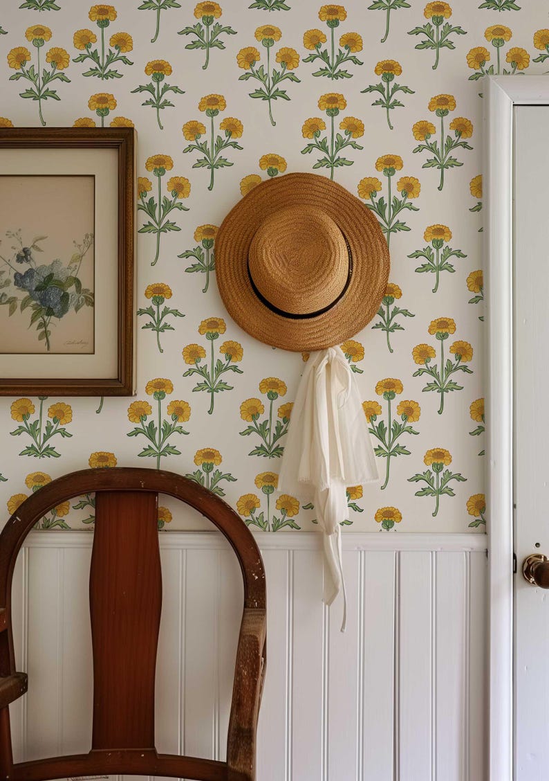 Retro Marigold Wallpaper, Yellow Floral Peel and Stick or Traditional Mural, Removable Flower Bedroom, Bathroom Wall Decor