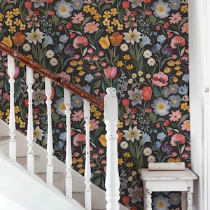 Dark Flower Peel and Stick Wallpaper, Moody Powder room Wall Mural, Modern Black Flower Wall Art, Removable Renters friendly Wallpaper for living room