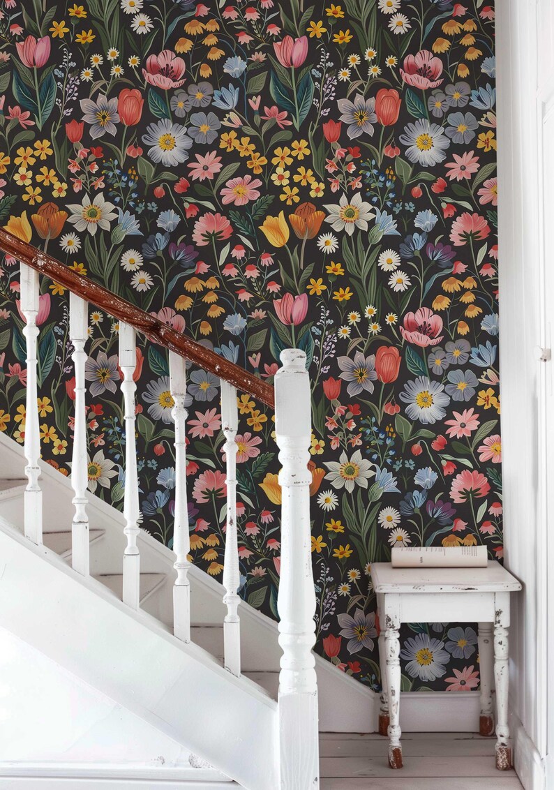 Dark Flower Peel and Stick Wallpaper, Moody Powder room Wall Mural, Modern Black Flower Wall Art, Removable Renters friendly Wallpaper for living room