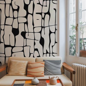 Black and White Peel and Stick Wallpaper, Abstract Line Wall Mural, Modern Monochrome Wall Art, Removable Renters Wallpaper