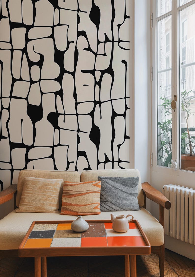 Black and White Peel and Stick Wallpaper, Abstract Line Wall Mural, Modern Monochrome Wall Art, Removable Renters Wallpaper