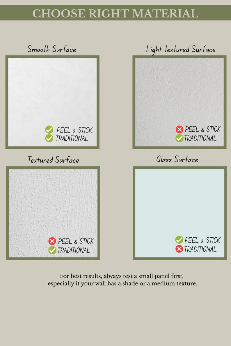 May include: An informational chart titled CHOOSE RIGHT MATERIAL displaying four surface types: Smooth, Light textured, Textured, and Glass. Each section includes icons indicating compatibility with Peel & Stick or Traditional application methods.