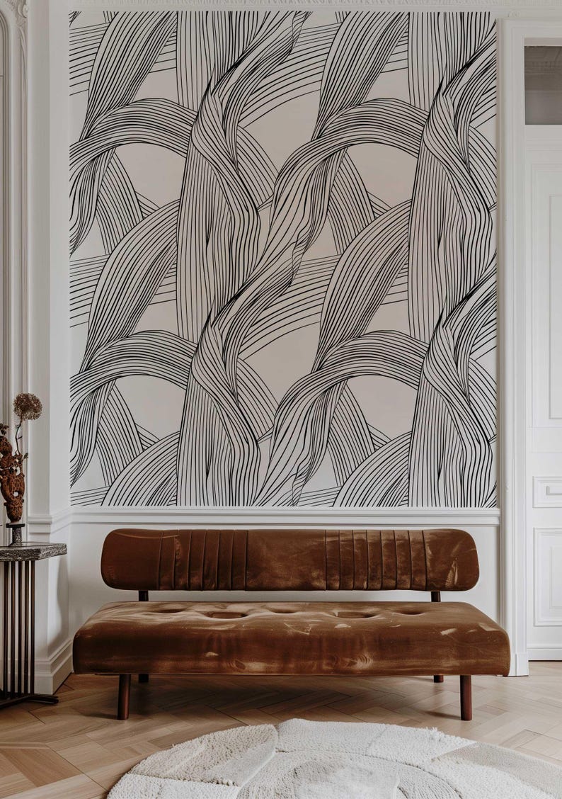 Monochrome wall covering with large black lines.