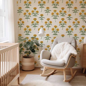 Retro Marigold Wallpaper, Yellow Floral Peel and Stick or Traditional Mural, Removable Flower Bedroom, Bathroom Wall Decor