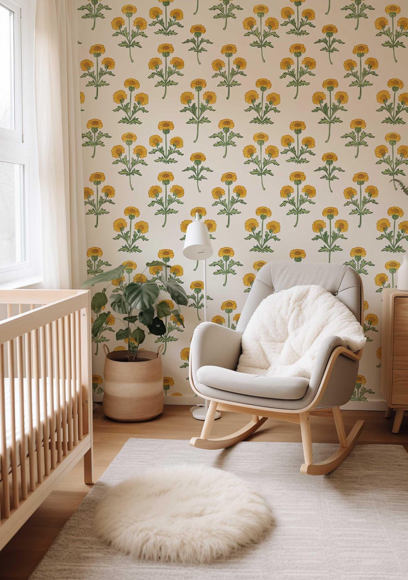 Retro Marigold Wallpaper, Yellow Floral Peel and Stick or Traditional Mural, Removable Flower Bedroom, Bathroom Wall Decor