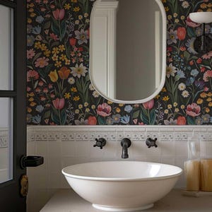 Dark Flower Peel and Stick Wallpaper, Moody Powder room Wall Mural, Modern Black Flower Wall Art, Removable Renters friendly Wallpaper for powder room