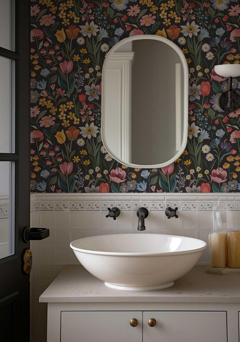 Dark Flower Peel and Stick Wallpaper, Moody Powder room Wall Mural, Modern Black Flower Wall Art, Removable Renters friendly Wallpaper for powder room
