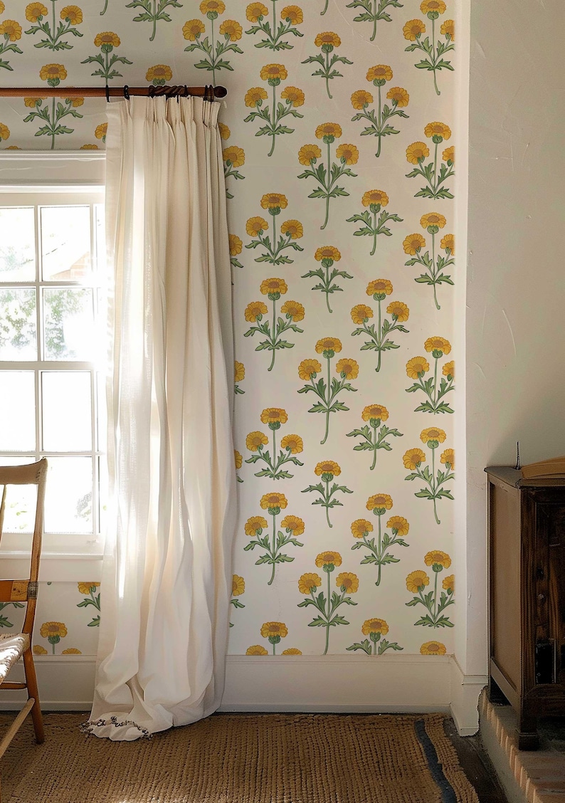 Retro Marigold Wallpaper, Yellow Floral Peel and Stick or Traditional Mural, Removable Flower Bedroom, Bathroom Wall Decor