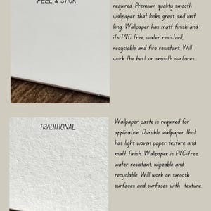 May include: An informational graphic titled WALLPAPER INFO comparing two types. The PEEL & STICK section shows a smooth white surface with text describing it as PVC-free, water-resistant, and recyclable. The TRADITIONAL section shows a textured white surface with text noting it requires paste and is PVC-free, water-resistant, and wipeable.