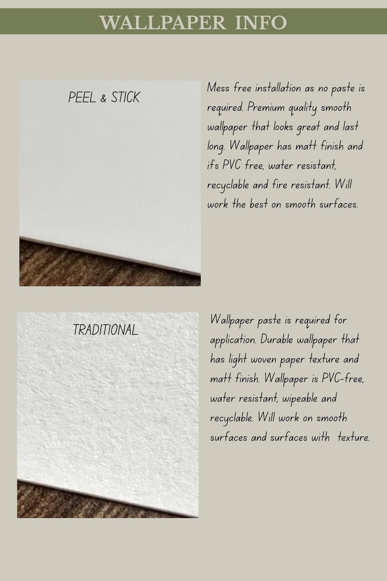 May include: An informational graphic titled WALLPAPER INFO comparing two types. The PEEL & STICK section shows a smooth white surface with text describing it as PVC-free, water-resistant, and recyclable. The TRADITIONAL section shows a textured white surface with text noting it requires paste and is PVC-free, water-resistant, and wipeable.