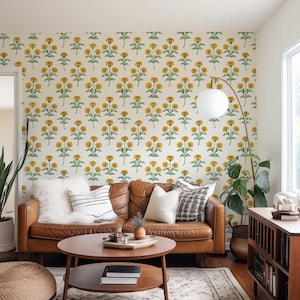 Retro Marigold Wallpaper, Yellow Floral Peel and Stick or Traditional Mural, Removable Flower Bedroom, Bathroom Wall Decor