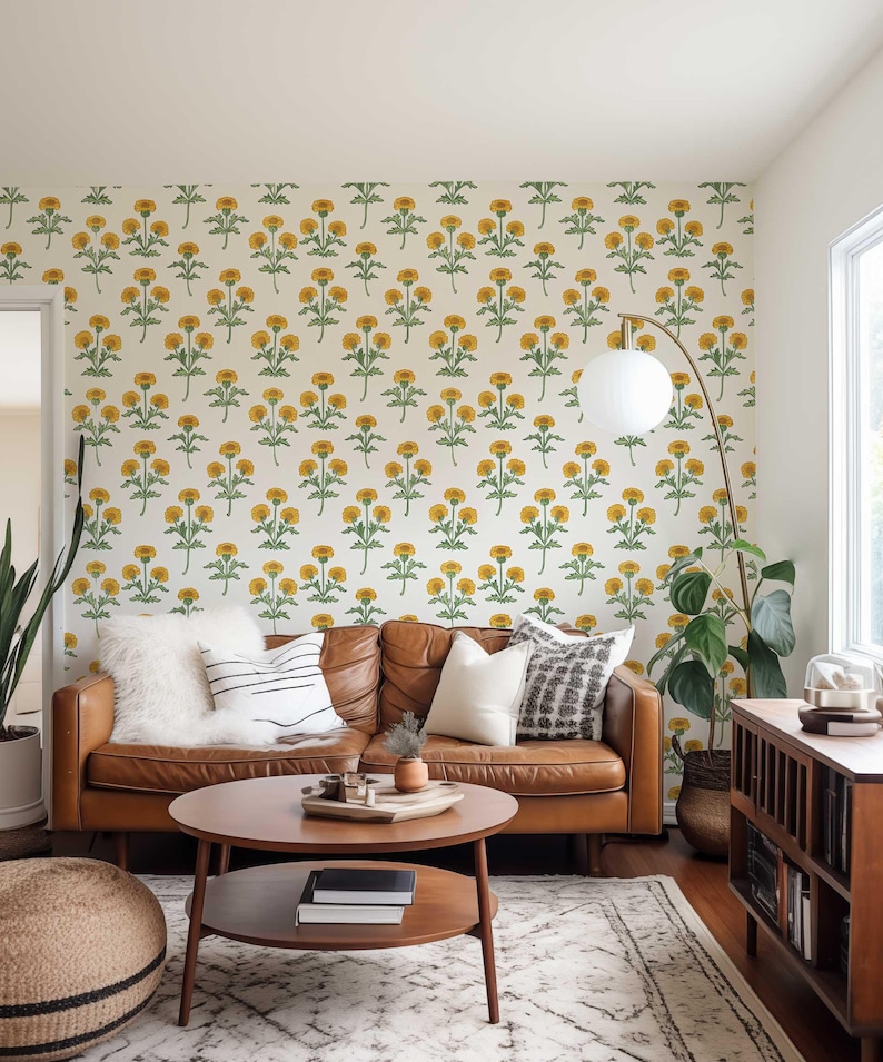Retro Marigold Wallpaper, Yellow Floral Peel and Stick or Traditional Mural, Removable Flower Bedroom, Bathroom Wall Decor