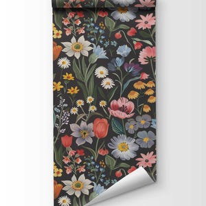 Dark Flower Peel and Stick Wallpaper, Moody Powder room Wall Mural, Modern Black Flower Wall Art, Removable Renters friendly Wallpaper for bathroom