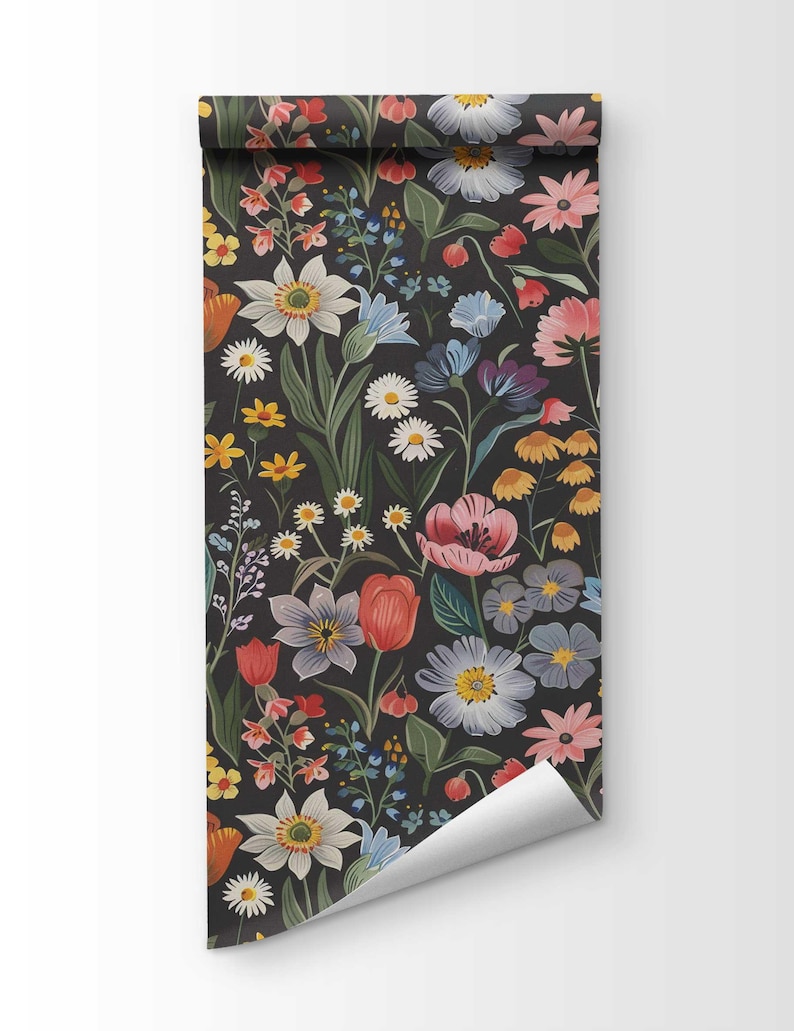 Dark Flower Peel and Stick Wallpaper, Moody Powder room Wall Mural, Modern Black Flower Wall Art, Removable Renters friendly Wallpaper for bathroom