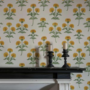Retro Marigold Wallpaper, Yellow Floral Peel and Stick or Traditional Mural, Removable Flower Bedroom, Bathroom Wall Decor