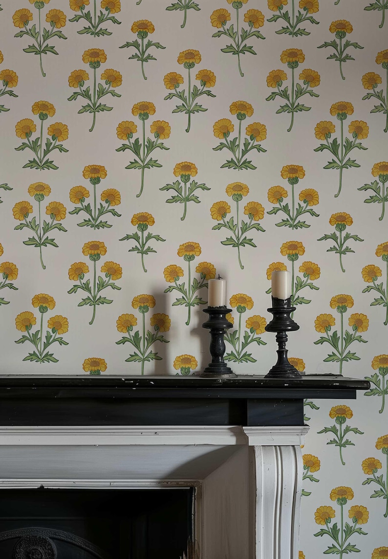 Retro Marigold Wallpaper, Yellow Floral Peel and Stick or Traditional Mural, Removable Flower Bedroom, Bathroom Wall Decor