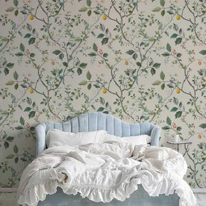 Japanese Wallpaper, Removable Floral Mural, Flower Peel and Stick Wallpaper, Neutral Flower and Fruit Wall covering, Nursery Wall Decor