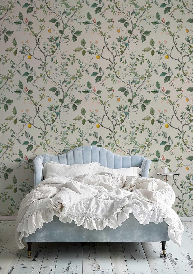 Japanese Wallpaper, Removable Floral Mural, Flower Peel and Stick Wallpaper, Neutral Flower and Fruit Wall covering, Nursery Wall Decor