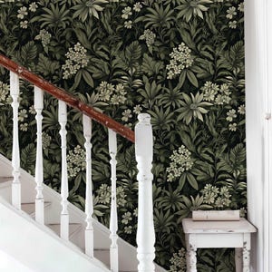 Dark Botanical Peel and Stick Wallpaper, Removable Moody Leaf Wall Mural, Green Gothic Wall Art, Removable Renters Wallpaper