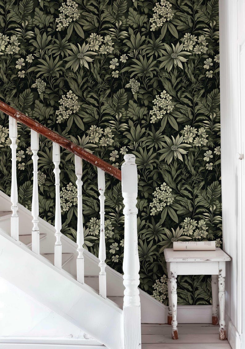 Dark Botanical Peel and Stick Wallpaper, Removable Moody Leaf Wall Mural, Green Gothic Wall Art, Removable Renters Wallpaper