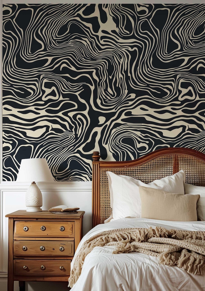 Bold Black and White Peel and Stick Wallpaper, Abstract Line Wall Mural, Modern Monochrome Wall Art, Removable Renters Wallpaper