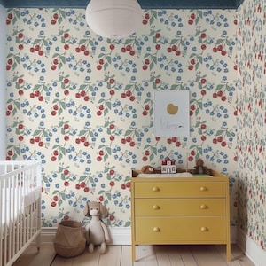 Colorful Wallpaper, Retro Cherry Wall Mural, Temporary Peel and Stick Wallpaper, Botanical Wallpaper, Floral Wallpaper, Fruit Mural