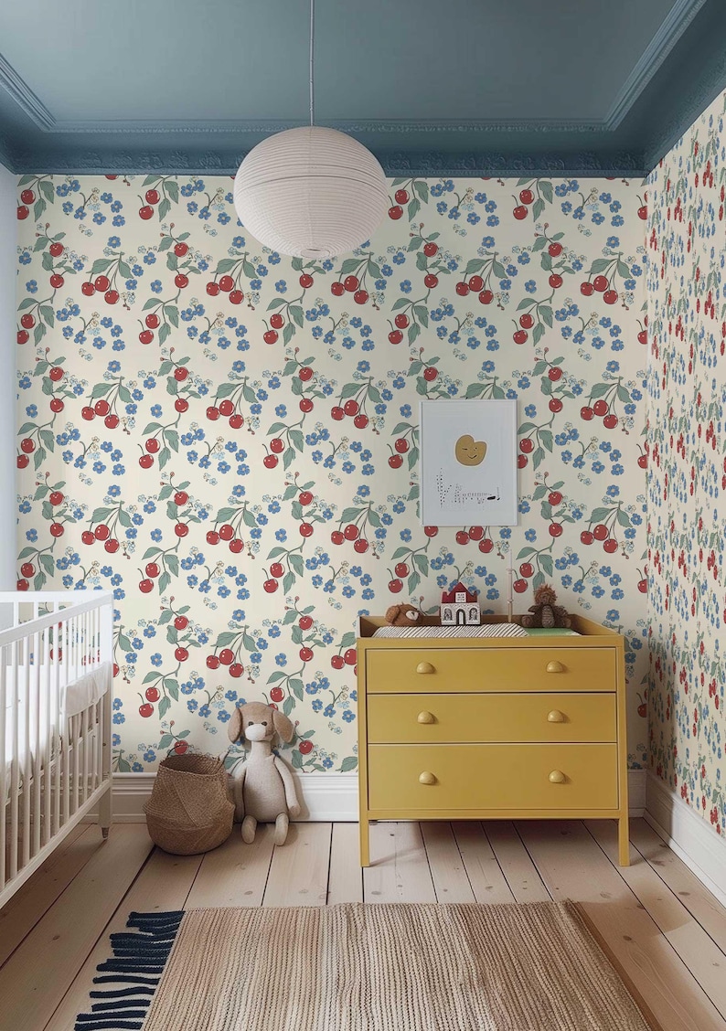 Colorful Wallpaper, Retro Cherry Wall Mural, Temporary Peel and Stick Wallpaper, Botanical Wallpaper, Floral Wallpaper, Fruit Mural
