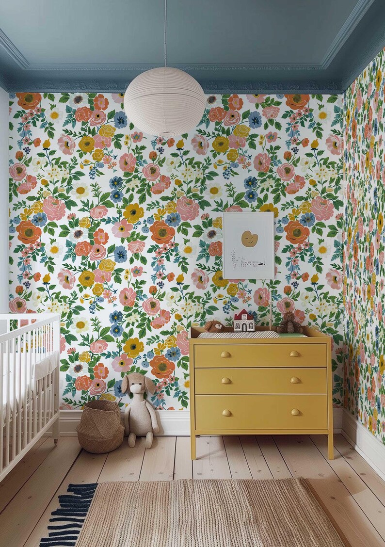 Stunning wallpaper with bright, blooming roses and a lively flower garden pattern, perfect for a vibrant and uplifting home decor.