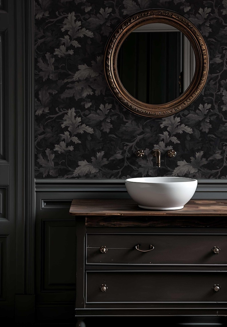 Medieval Dark Wallpaper, Dark Botanical Peel and Stick Wallpaper, Moody Botanical Wallpaper Secret Garden at Night, Whimsical Wallpaper