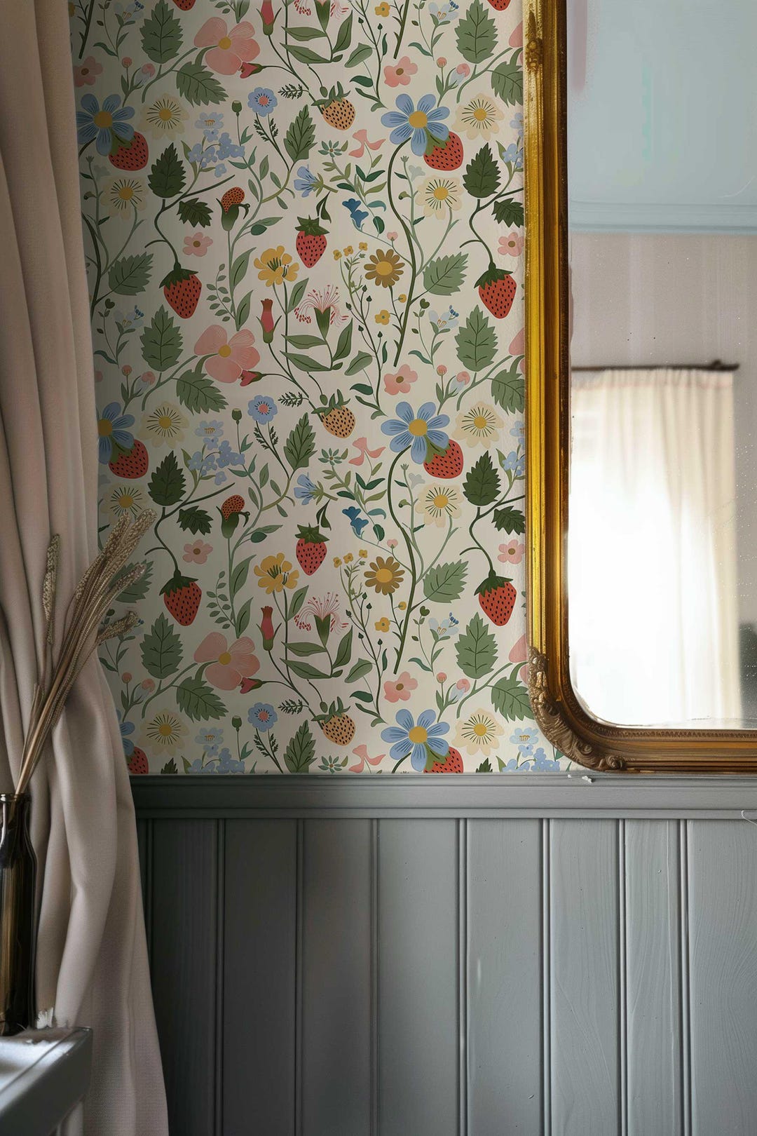 Vintage Strawberry Wildflower Wallpaper, Peel and Stick Wall Mural ...