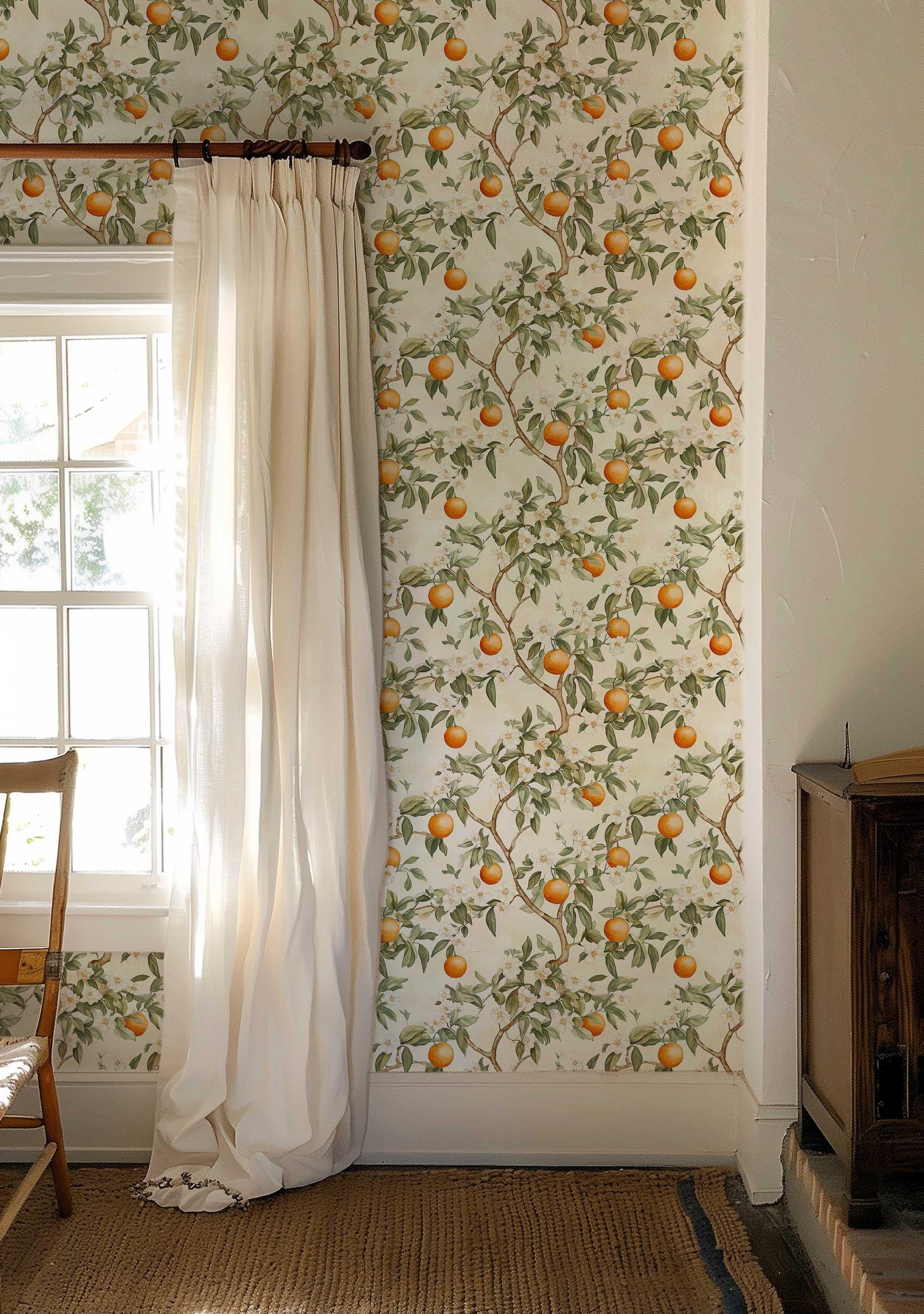 Papel tapiz con diseño floral de naranja, papel tapiz despegable con motivos cítricos, papel tapiz botánico extraíble, apto para inquilinos, decoración con flores de naranja NF66