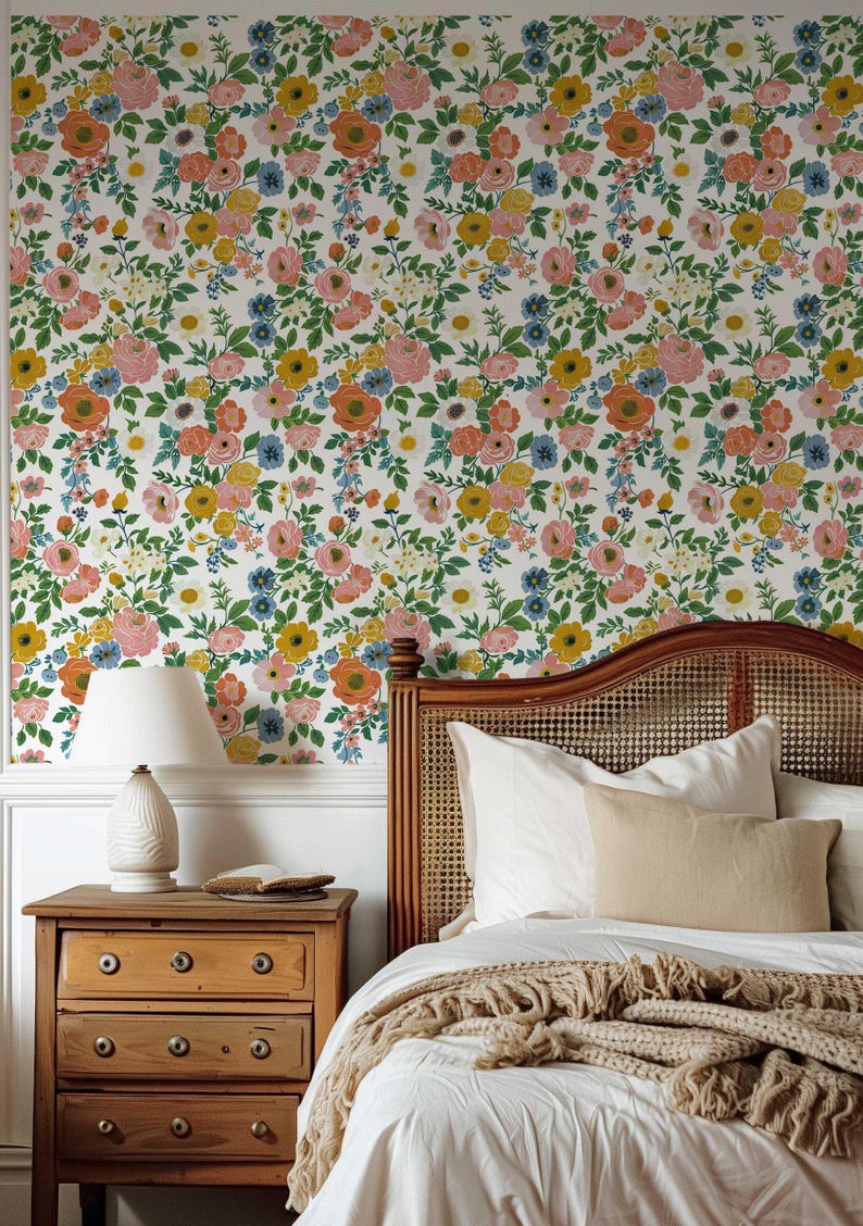 Vibrant floral wallpaper showcasing a bright rose garden pattern, offering a fresh and lively look for any room in your home.