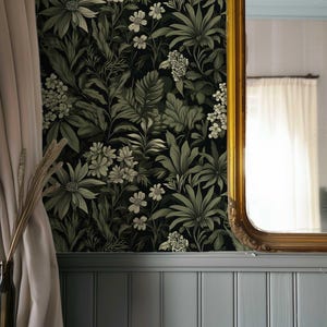 Dark Botanical Peel and Stick Wallpaper, Removable Moody Leaf Wall Mural, Green Gothic Wall Art, Removable Renters Wallpaper