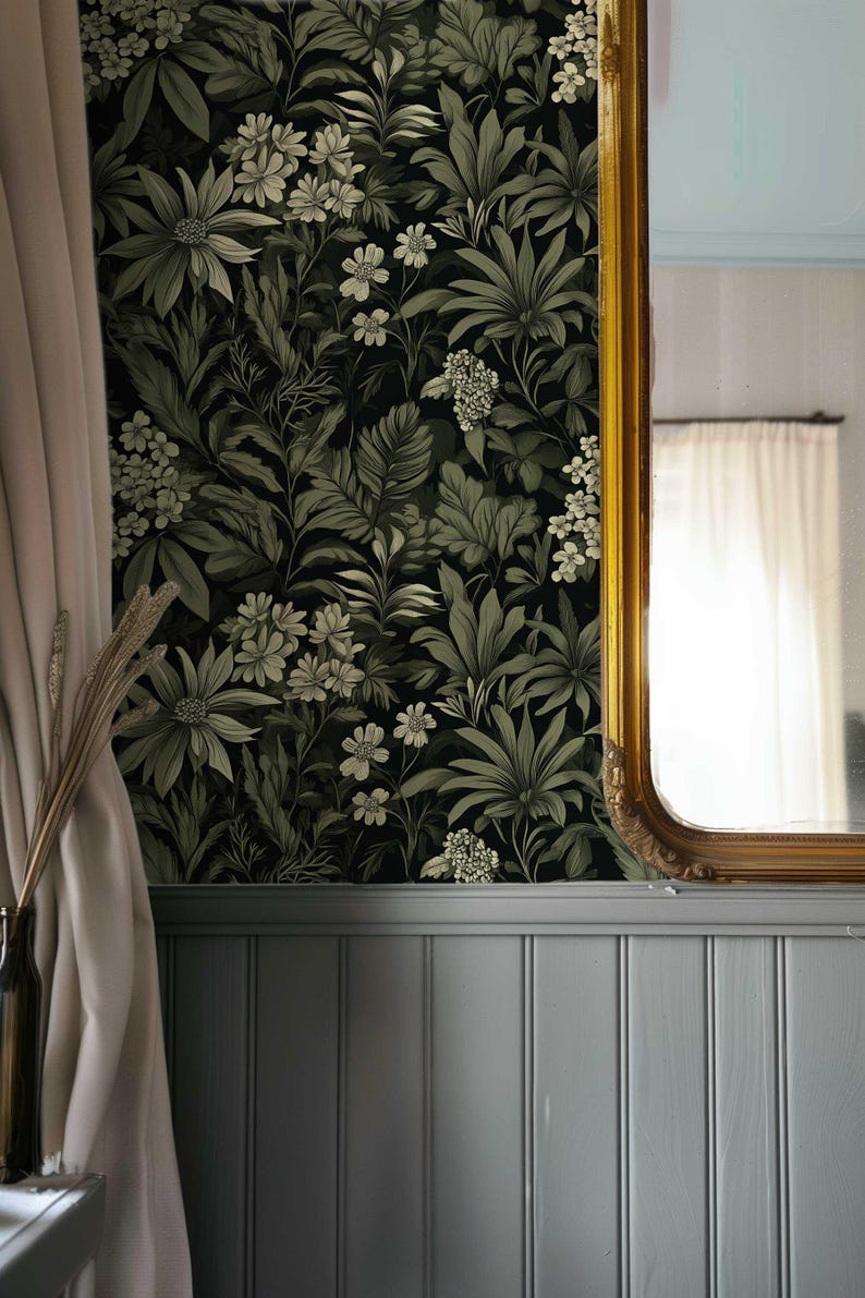 Dark Botanical Peel and Stick Wallpaper, Removable Moody Leaf Wall Mural, Green Gothic Wall Art, Removable Renters Wallpaper