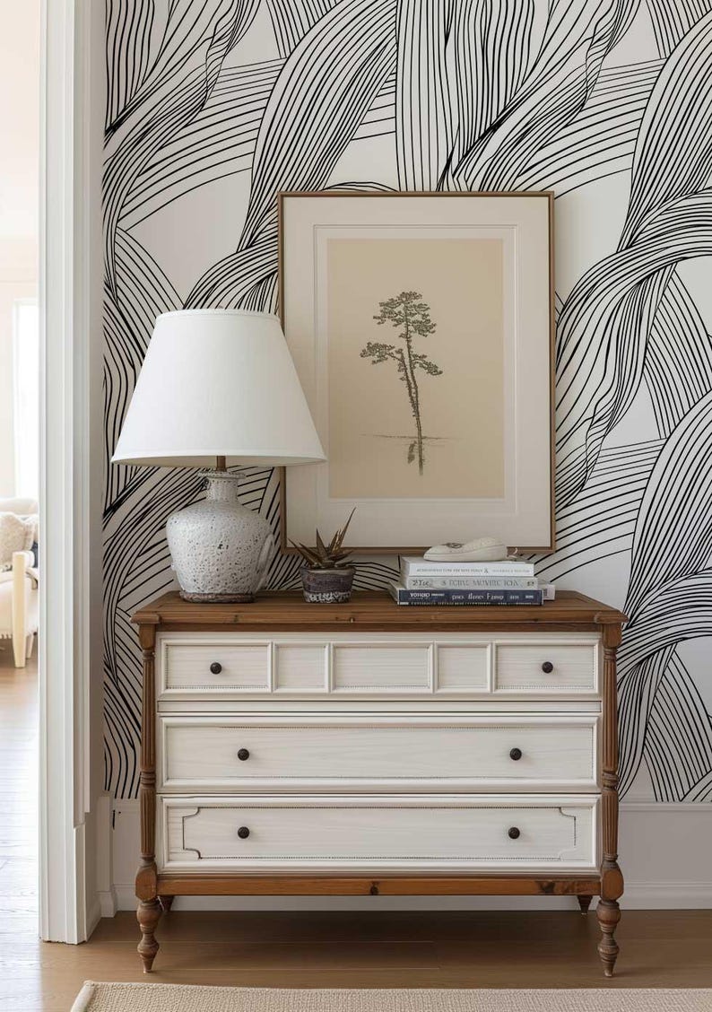 Geometric line wall mural in monochrome.
