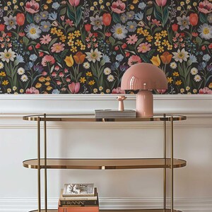 Dark Flower Peel and Stick Wallpaper, Moody Powder room Wall Mural, Modern Black Flower Wall Art, Removable Renters friendly Wallpaper for bedroom