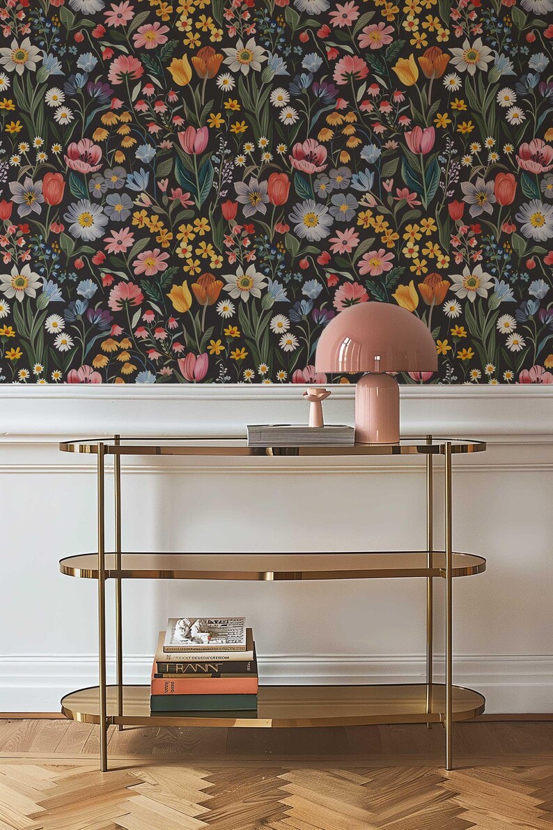 Dark Flower Peel and Stick Wallpaper, Moody Powder room Wall Mural, Modern Black Flower Wall Art, Removable Renters friendly Wallpaper for bedroom
