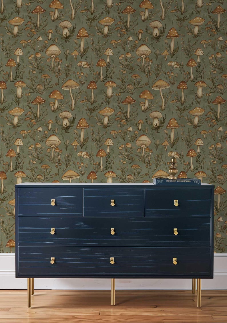 Vintage Mushroom Wallpaper, Retro Forest Mural, Peel and Stick Wallpaper, Botanical Wallpaper, Removable Woodland Wallpaper NF023 image 9