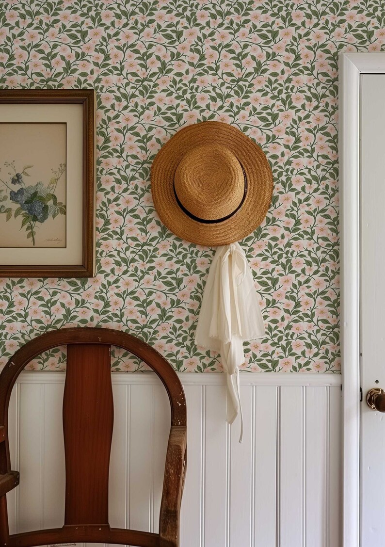 Preppy wallpaper, Peel and Stick Floral wall mural, Vintage Flower wallpaper, Coquette Room Decor , Botanical wallpaper