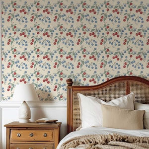 Colorful Wallpaper, Retro Cherry Wall Mural, Temporary Peel and Stick Wallpaper, Botanical Wallpaper, Floral Wallpaper, Fruit Mural