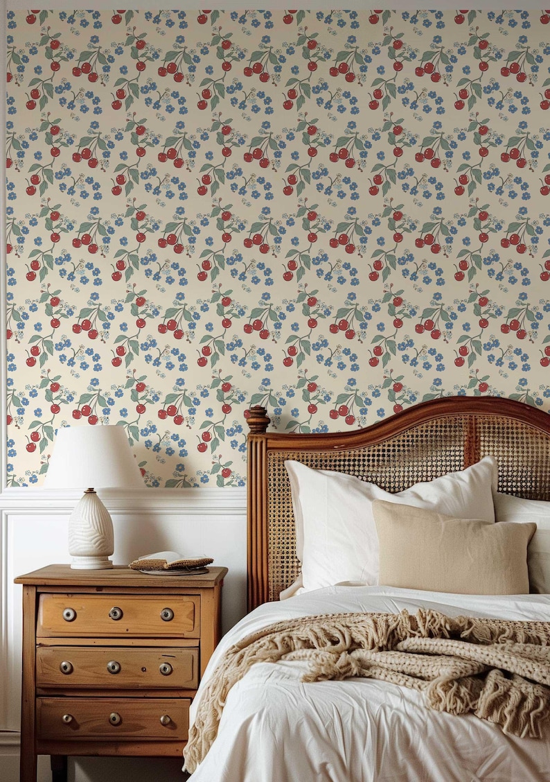 Colorful Wallpaper, Retro Cherry Wall Mural, Temporary Peel and Stick Wallpaper, Botanical Wallpaper, Floral Wallpaper, Fruit Mural
